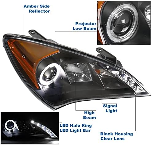 ZMAUTOPARTS LED-Halo-Vetítő Fényszórók, Fényszóró Black w/6 Fehér DRL Kompatibilis 2010-2012 Genesis Coupe