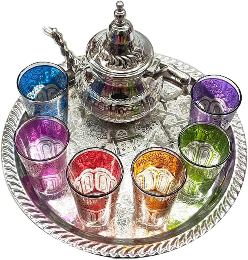 A hagyományos Marokkói tea-set komplett mindennapi használatra a teáskanna 350ml lábak nélkül 28 cm tálca 6 színezett