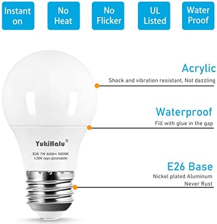 YukiHalu A15 LED Izzók, 60W Egyenértékű, E26 Bázis, 5000K Nappal Fehér, 7W 600 Lumen 120V, UL, Mennyezeti Ventilátor,