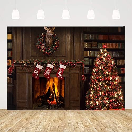 Ticuenicoa 7×5ft Karácsonyi Kandalló Hátteret karácsonyfa Könyvtár Fa Fali Könyvespolc Hátterekkel, Családi Összejövetel,