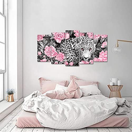 Visual Art Dekor Rózsaszín, Szürke Leopárd Festmény, Fali Dekor Gepárd, Rózsaszín Virág Wall Art Keretes Mű Hálószoba
