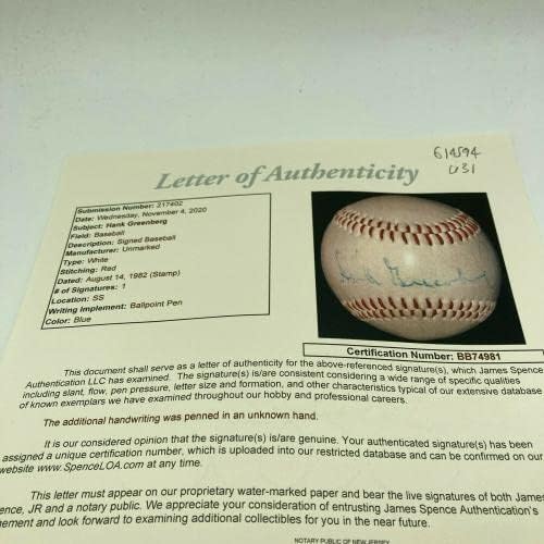 Hank Greenberg Egyetlen Aláírt Dedikált Baseball SZÖVETSÉG COA - Dedikált Baseball