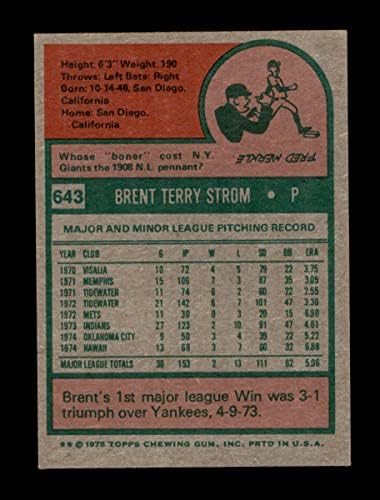 1975 Topps 643 Brent Strom San Diego Padres (Baseball Kártya) NM Padres