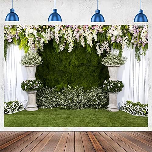 JASREE Vinil 7x5ft Arch Esküvői Virágok Hátteret Fotózás Háttér Kő Ültetvényes Virágok Fehér Függöny Zöld Borostyán