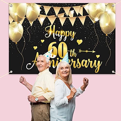 HAMIGAR 6x4ft Boldog 60., Banner Háttérben - 60 házassági Évforduló Dekoráció, Party Kellékek - Fekete-Arany