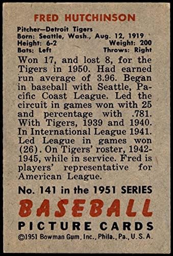 1951 Bowman 141 Fred Hutchinson Detroit Tigers (Baseball Kártya) EX/MT Tigrisek