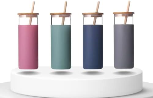HOLTARIAN PIACI Luxus Környezetbarát Üveg pohár Szilikon Hüvely Bambusz Fedelét, majd Szalma BPA Mentes (Szürke)