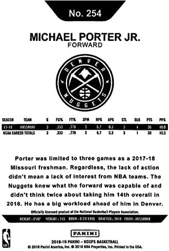 2018-19 NBA Karika Kosárlabda 254 Michael Porter Jr. Denver Nuggets RC Újonc Kártya által Panini