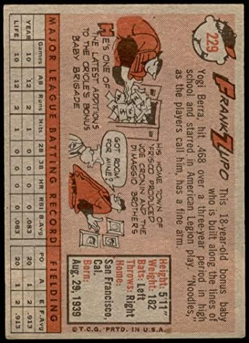 1958 Topps 229 Frank Zupo Baltimore Orioles (Baseball Kártya) VG/EX Orioles